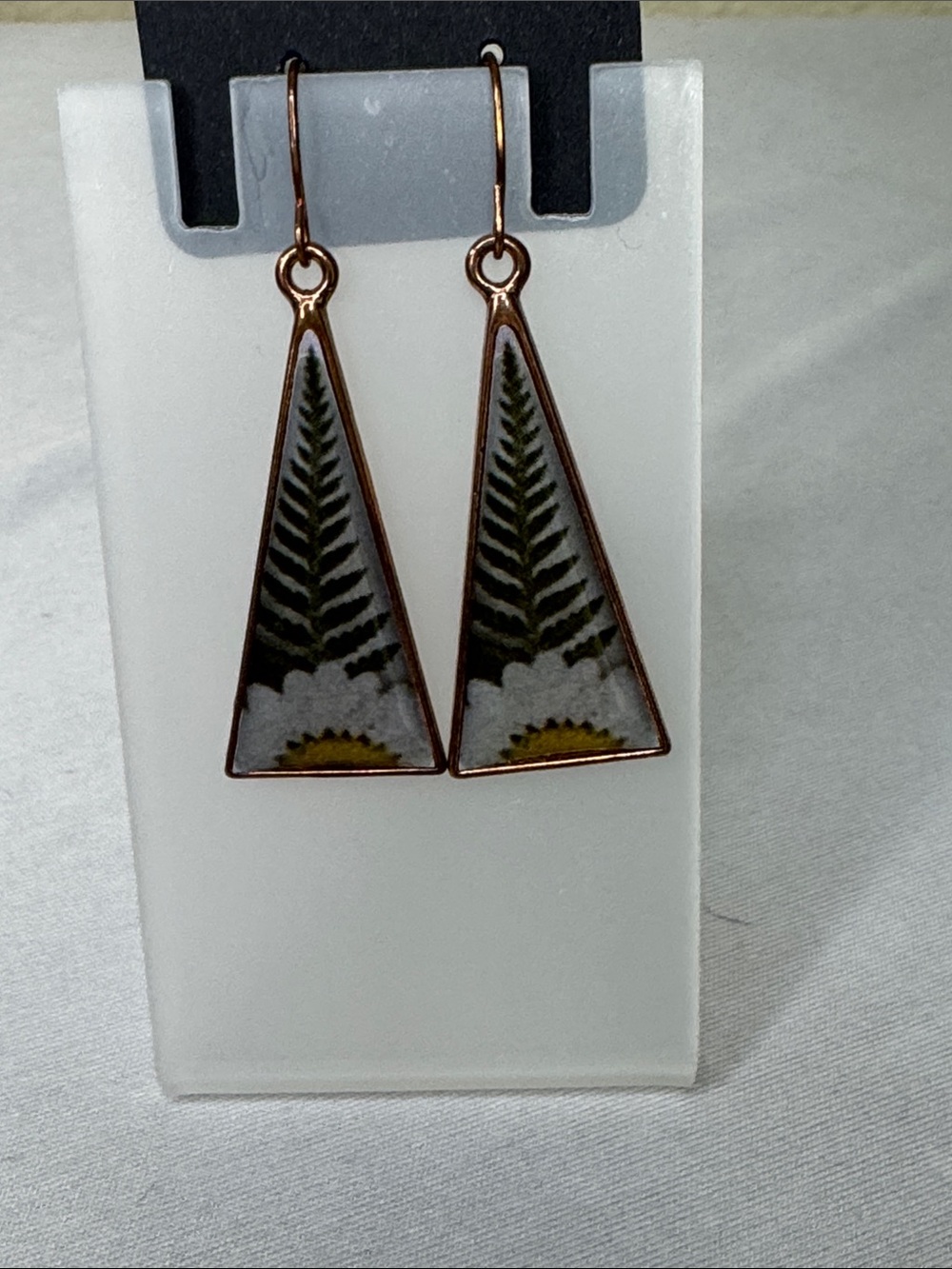 Handcrafted Copper Triangle Fern Drop Earrings in Green and Gold